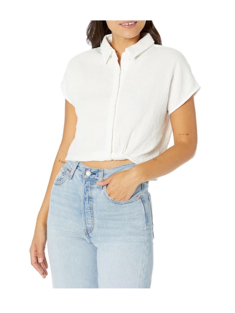 NWT Monrow Morrow Twist Front Cotton Gauze Blouse, White, Large